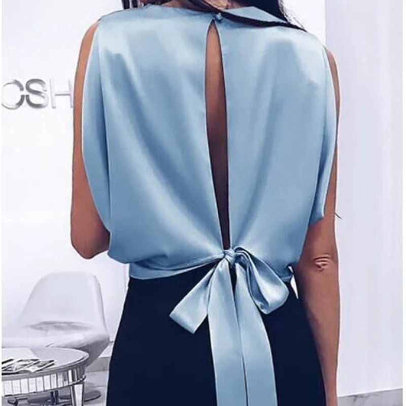 Модный жилет с бантом топ лямкой на шее рубашка летучей мышью майка одноцветная