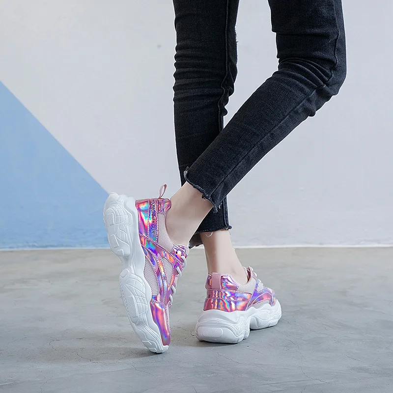 Повседневная обувь; женские кроссовки на массивной платформе; chaussures femme; сезон весна; Новинка; zapatos de mujer; цвет розовый; Женская обувь в стиле пэчворк; Цвет Серебристый