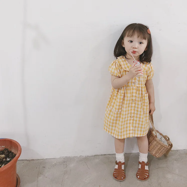 Summer 2018 Korean style baby girls fashion plaid dresses 1-4 years all-match doll collar short sleeve dress | Детская одежда и