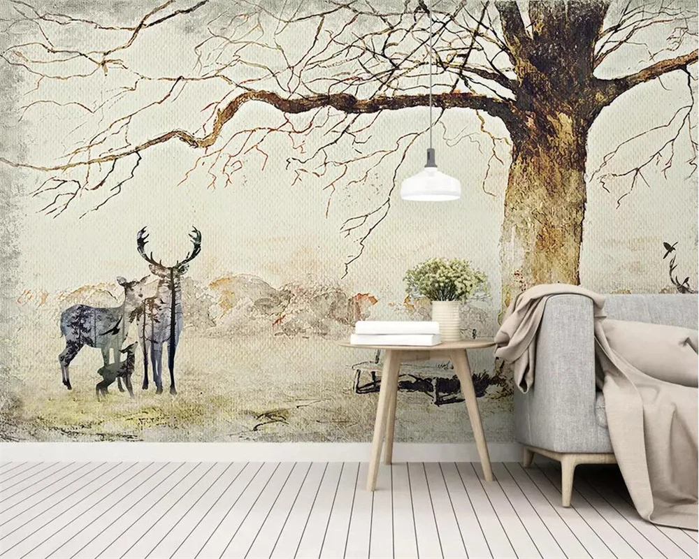 

Modern wallpaper mural nostalgic pastoral elk big tree landscape TV background wall paper home decoration 3d wallpaper