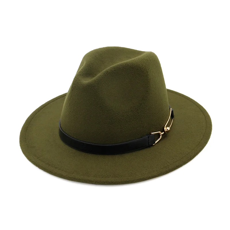 Army Green Осенне-зимние женские и мужские фетровые шляпы с пряжкой на ремне с широкими плоскими полями, вечерние шляпы в стиле джаз, кепки в стиле Панамы унисекс - Цвет: Army Green
