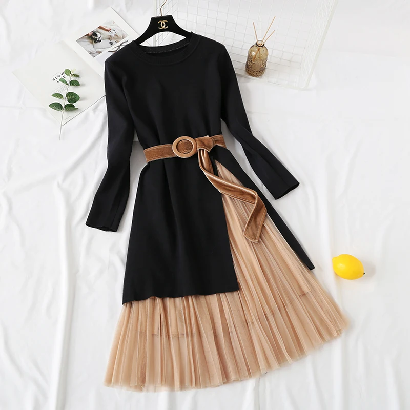 Вязаный свитер платье эластичный пояс Длинная юбка из фатина Женский комплект 2