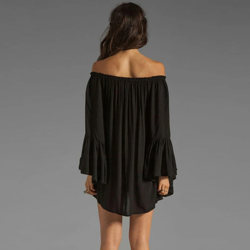 Пикантное женское шифоновое мини-платье с открытыми плечами и вырезом лодочкой