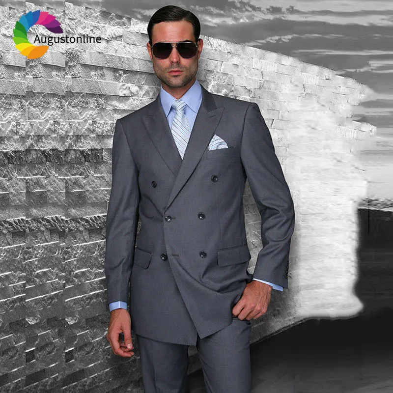 Винтажный серый мужской костюм Slim Fit Свадебный смокинг жениха двубортный строгий пиджак мужской пиджак брюки 2 шт