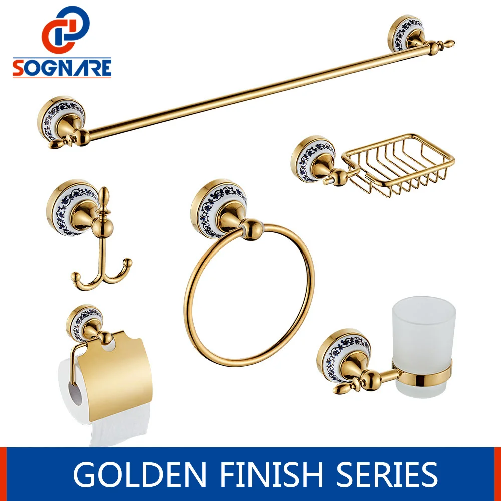 Gold SOGNARE 6 шт. аксессуары для ванной комнаты, один крючок для полотенец, крючок для халата, держатель для бумаги, подстаканник, мыльница набор для ванной Аппаратные Наборы D1900 - Цвет: Gold