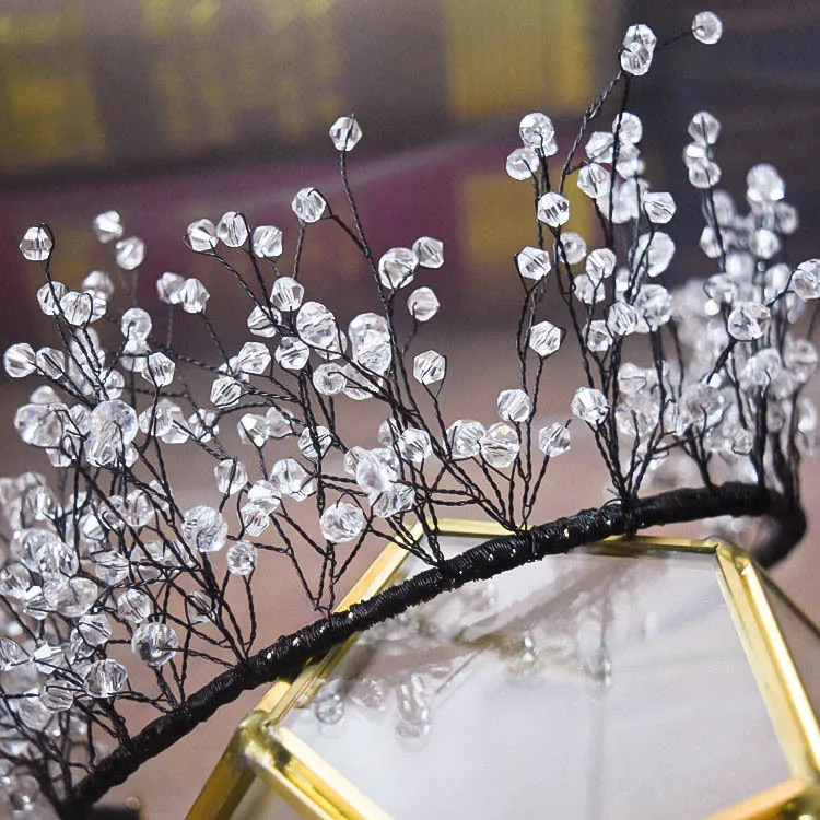 

Retro Fashion Vintage Creative Black Handmade Crystal Tiaras Crown Set Long Earring For Women Wedding Hairdress Accessories
