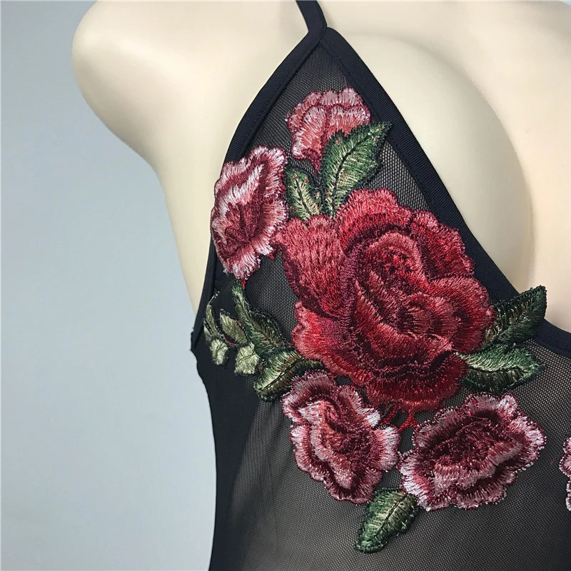 

Deep V-Neck Embroidered Flower Bodysuits Sexy Rompers Women Jumpsuit Sleeveless Transparent Bodysuit Hollow Out Playsuits