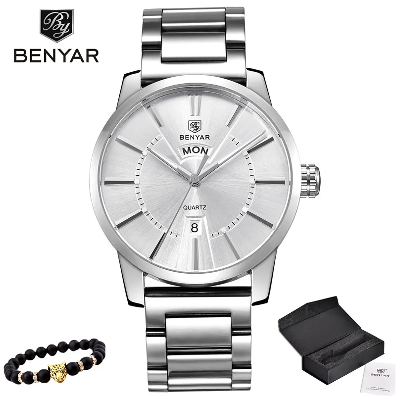5101-Steel black BENYAR кварцевые мужские часы модные деловые/Водонепроницаемые/спортивные часы мужские кожаные Наручные часы с двойным календарем Relogio Masculino - Цвет: 5101-Steel black