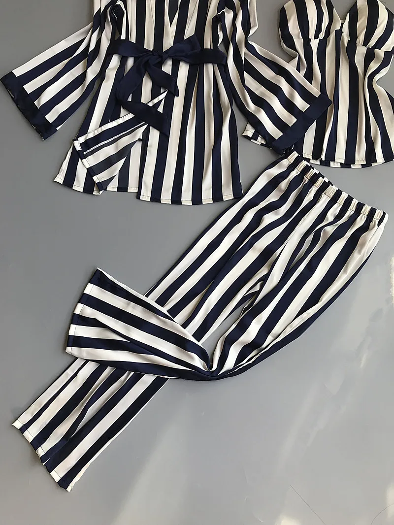 ZDFURS*Women Pajamas Set Satin Sleepwear 3 Pieces Spaghetti Strap Stripe Parttern Sexy Lingerie Silk Pijama Home Clothing Pyjama