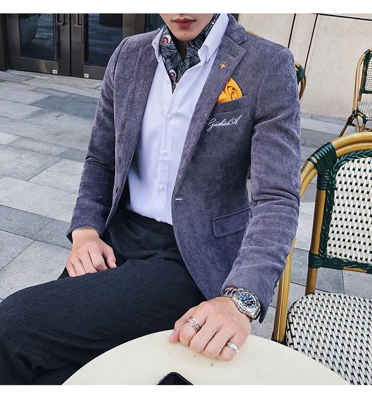 Мужской Блейзер, пиджак, золотая вышивка, Terno Masculino, корейский мужской блейзер, вельветовый Блейзер, Мужской приталенный, зеленый, хаки, серый