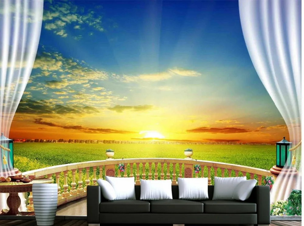 3D обои на заказ настенные с изображением леса балкона синего неба прерии белого