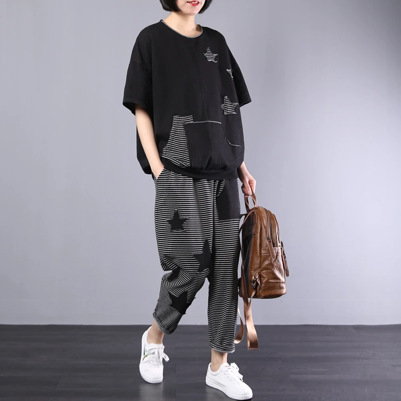 2019 новый летний комплект для женщин с коротким рукавом размера плюс свободные