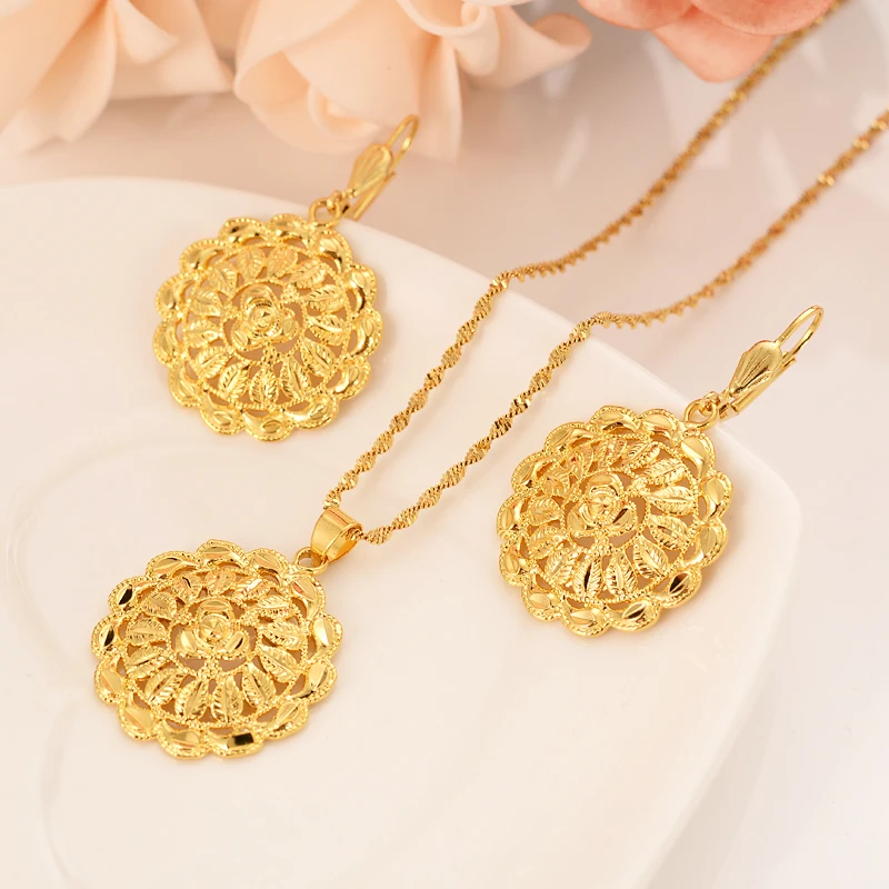 

Bangrui Ethiopian Gold Color Flower set Jewelry Pendant Chain Earrings African Bride Wedding Flower Bijoux