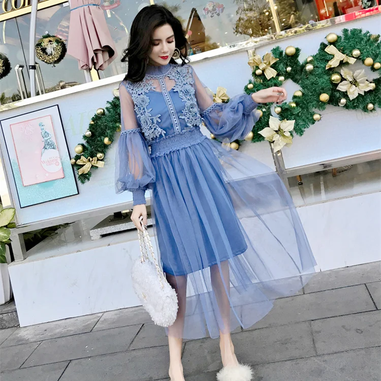 Голубое Кружевное Платье Для женщин 2018 Осень корейский элегантный Винтаж