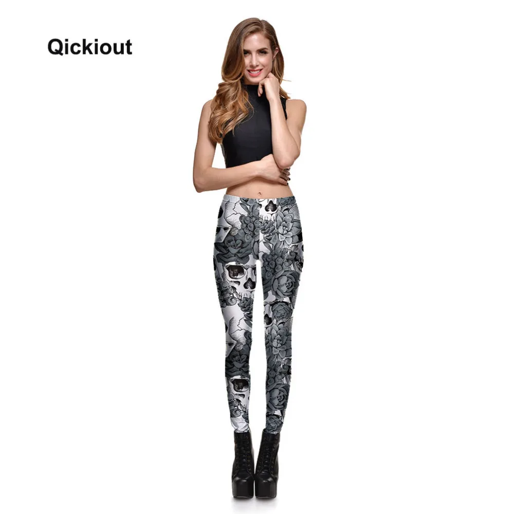 Qickitout леггинсы для фитнеса 2017 черные и белые женские сексуальные с розами модные