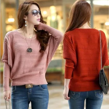 Spring Cutout Loose Plus Size Outerwear Solid Color Bat Sweater Female sweaters bat sleeve women fashion pullovers | Женская одежда