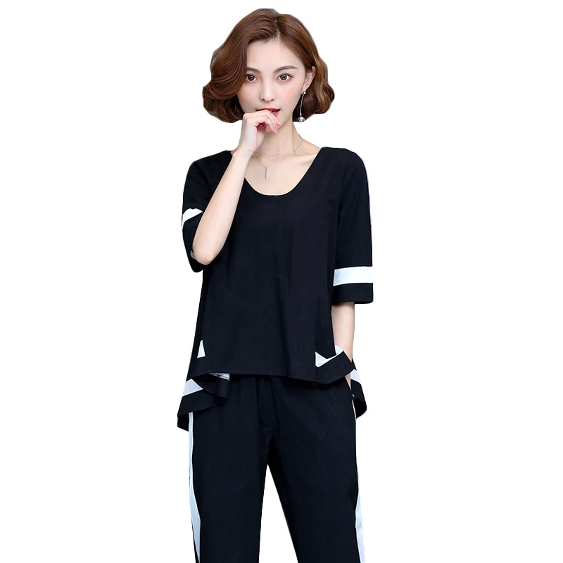 Костюм спортивный женский из 2 предметов топ с коротким рукавом и штаны свободный