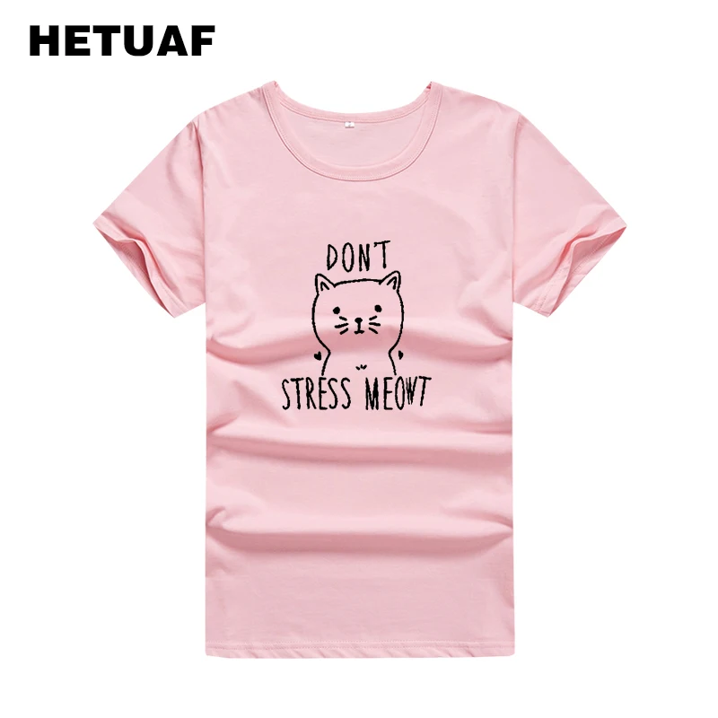 

Женские футболки с рисунком кота HETUAF, белая футболка с надписью «Don STRESS MEOWT» в Корейском стиле Ulzzang, милые хипстерские футболки с круглым выре...
