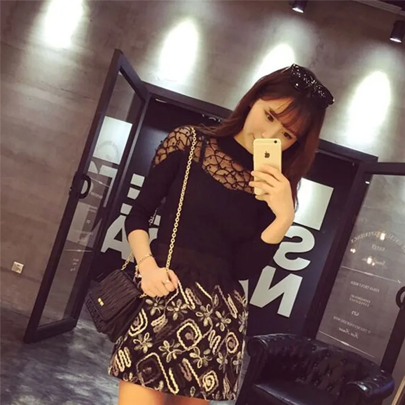 2022 Autumn Winter Women Sweater Turtle Neck Lace Knitted Pullover Female Sexy Knitwear Hollow Long Sleeve Suter Pull Femme | Женская