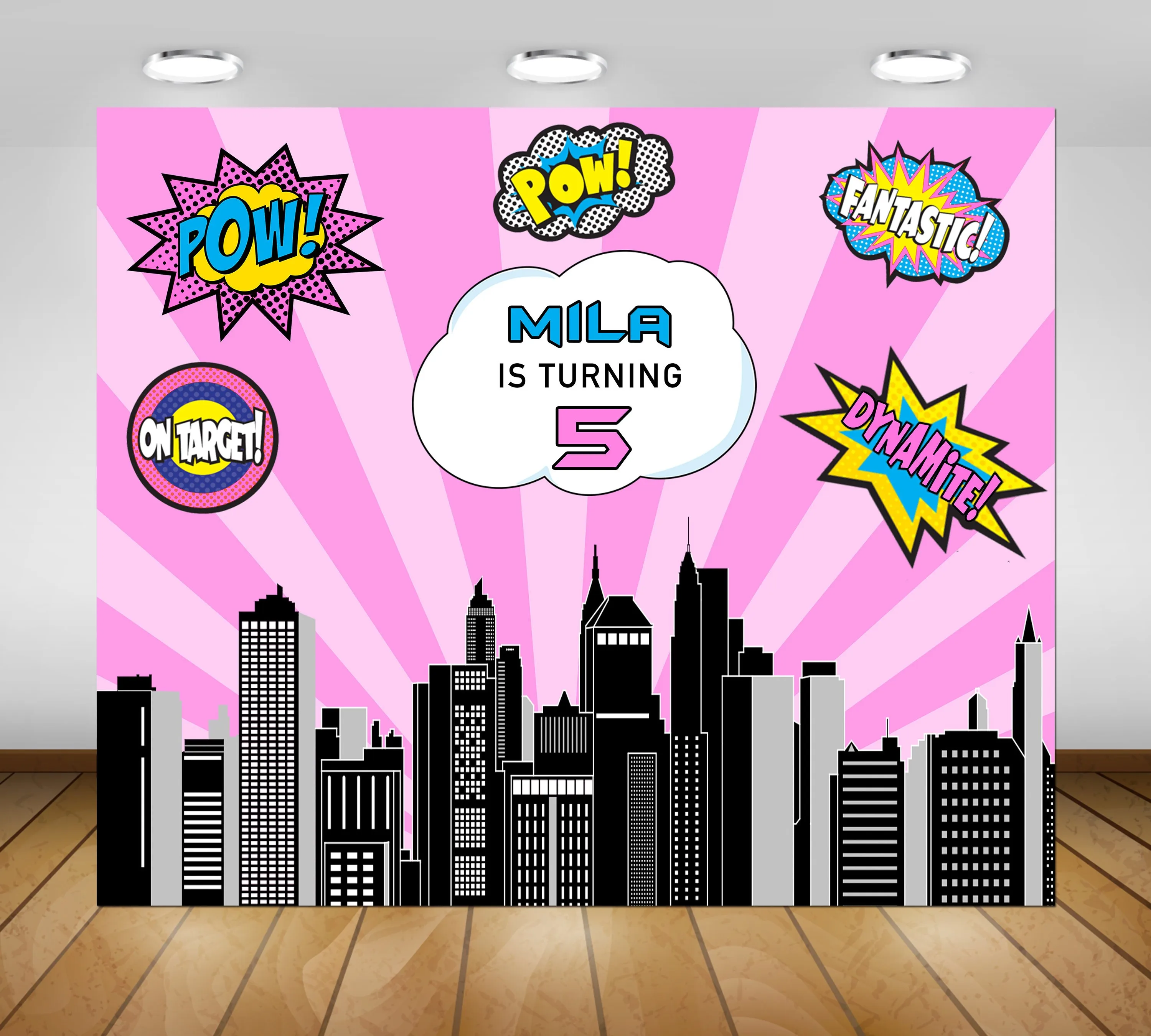 

Пользовательский супер герой девушка городской пейзаж мультфильм фон Высокое качество компьютерная печать вечерние фон