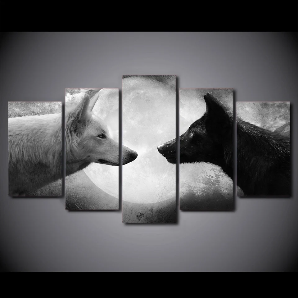 

HD Printed 5 Piece Canvas Art Black And White Wolves Painting Animal Night Painting Wall Art Pictures For Living Room Decor