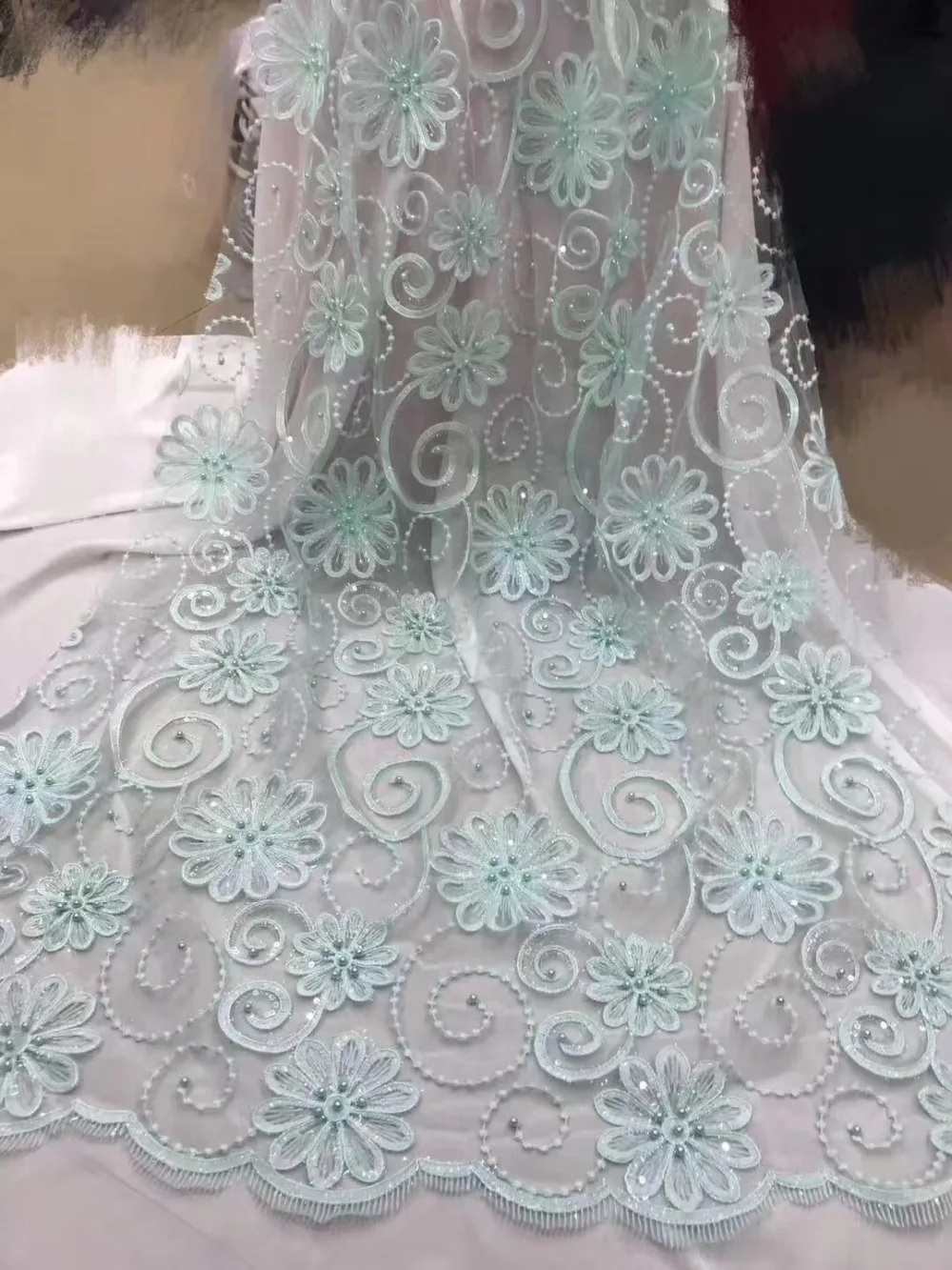 

3d Lace Fabric Teal African French Lace Fabric High Quality Handmade Embroidery Wedding Nigerian Lace Fabric For 5yards FJ35