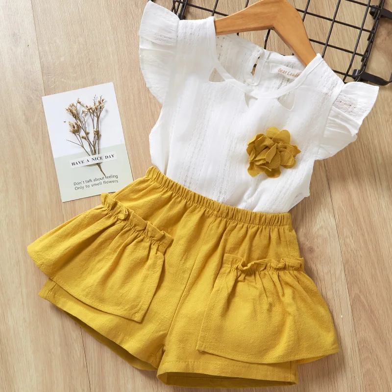 

New Summer Children's Suit for Leisure in 2019 Cotton Round-collar Flower T-shirt Suit for Summer 2-6 Years