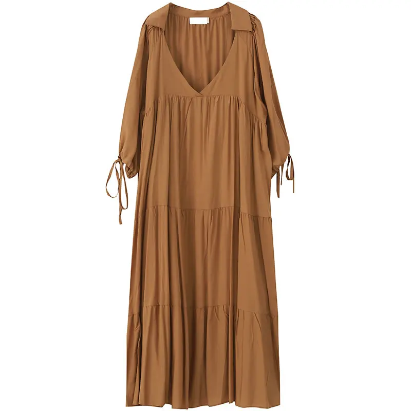 [XITAO] Korea Fashion New Women 2019 Summer V-neck Half Sleeve Solid Color Dress Female Pleated Mid-calf ZLL3746 | Женская одежда