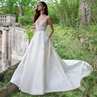 А линия вечерные платья с кружевами и аппликациями свадебные платья с карманами 2019 двойной V шеи корт поезд Свадебные платья, платья невесты Бесплатная доставка