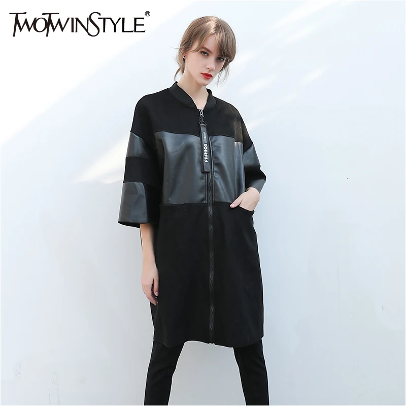TWOTWINSTYLE черный Тренч из искусственной кожи Женская ветровка с длинным рукавом