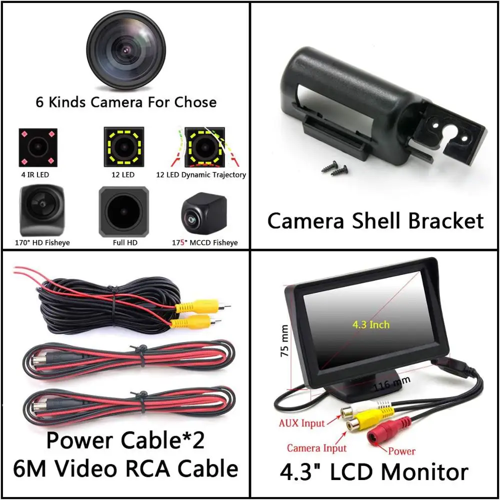 Camera 4.3 inch LCD 175 градусов MCCD рыбий глаз Starlight 12LED треки Full HD Автомобильный Обратный монитор камера заднего вида для Ford Transit MK6 MK7 2000-2013 - Название цвета: Camera 4.3 inch LCD