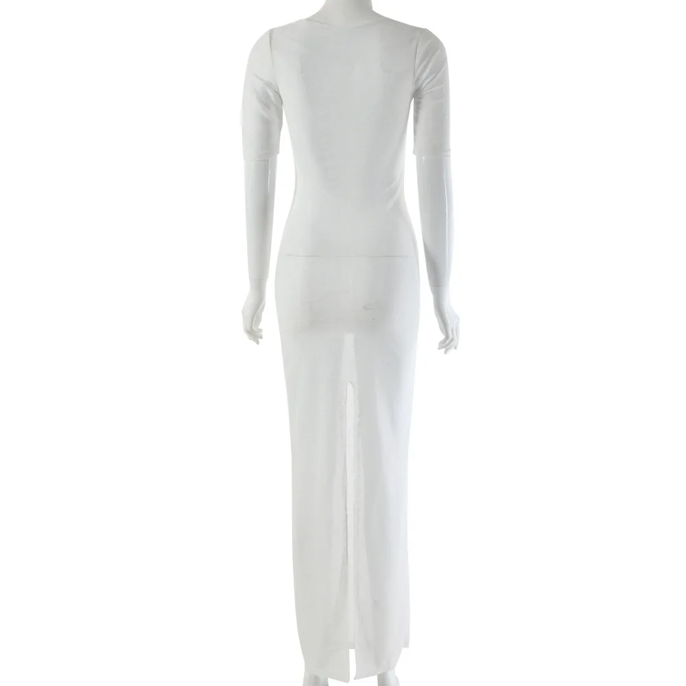 Женское прозрачное длинное платье с разрезом Белое Облегающее пляжное