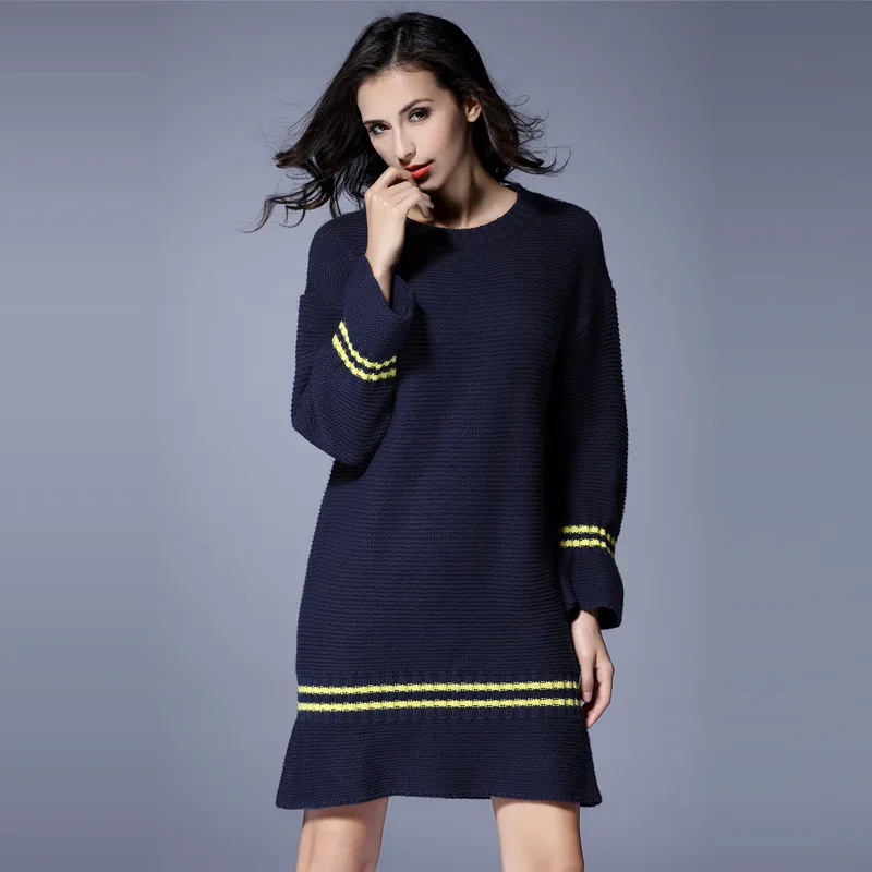 Платье Свитер JOGTUME большого размера Осень зима 2017 темно синий трикотажный