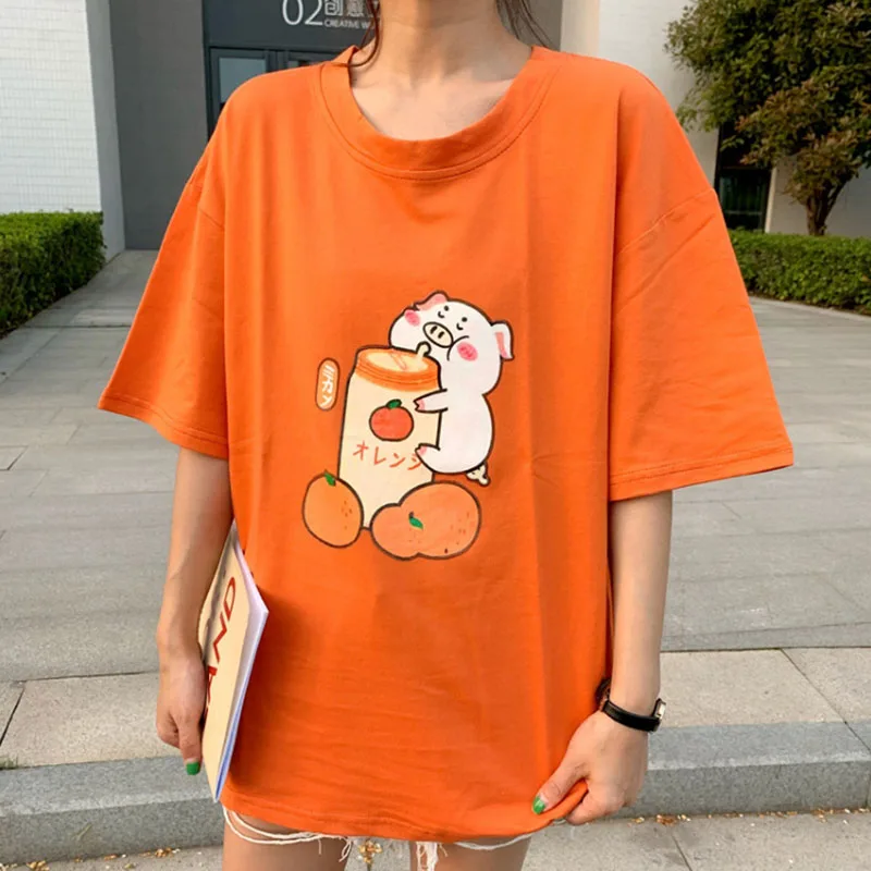 Летняя Новинка Harajuku Милая женская футболка большого размера персиковый мультяшный принт консервативный стиль Хлопковая женская футболка с коротким рукавом