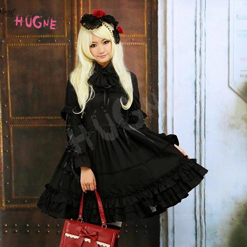 Яркое женское черное платье в стиле епископа из хлопка с длинными рукавами |