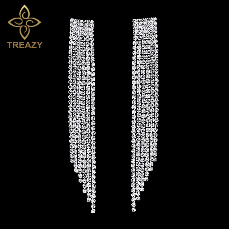 TREAZY Crystal Long Tassel Wedding Earrings Silver Color Rhinestone Bridal Brincos 2017 Women Engagement Jewelry Accessories | Украшения и