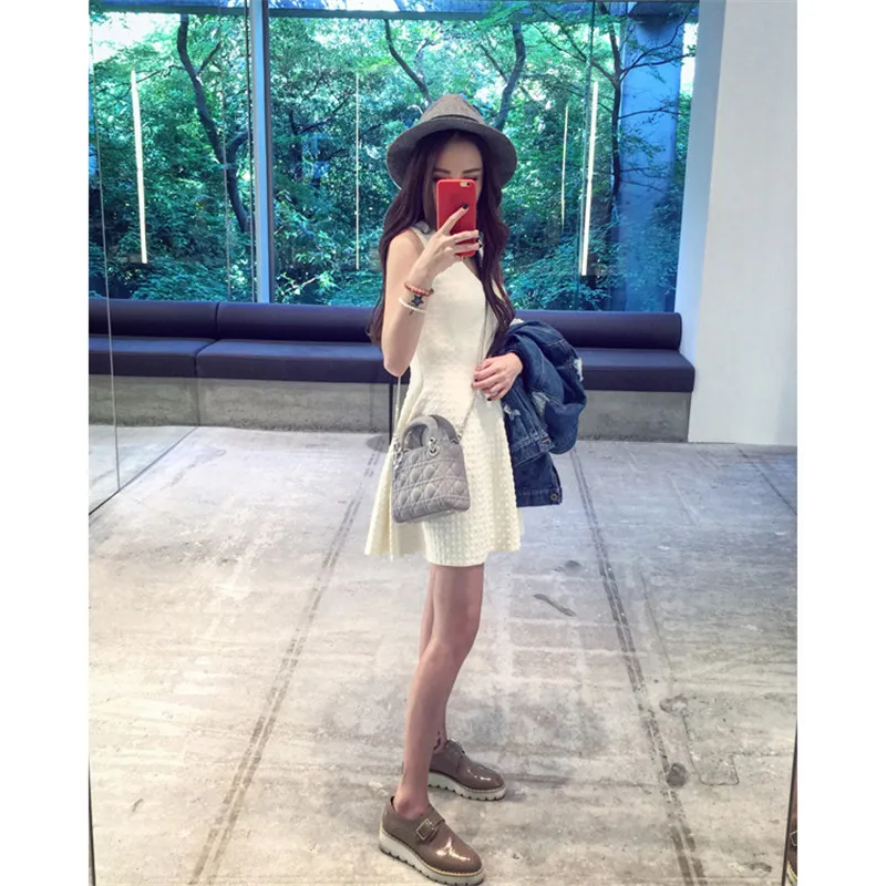 UHYTGF Summer Dress Women New 2019 Fashion A-line Short white Cute Party Sleeveless V neck Casual knitting Dresses64 | Женская одежда