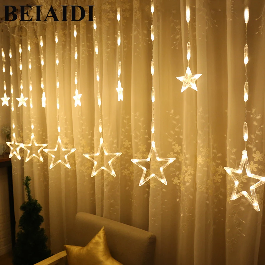 

BEIAIDI Upgrade 2.5M LED Star icicle Curtain String Light Romantic Fairy Star Curtain Garland Christmas Wedding Pentagram Light