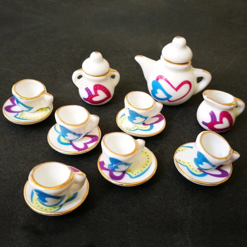 

G07-X354 children baby gift Toy 1:12 Dollhouse mini Furniture Miniature rement colorful heart tea pot set 15pcs/set