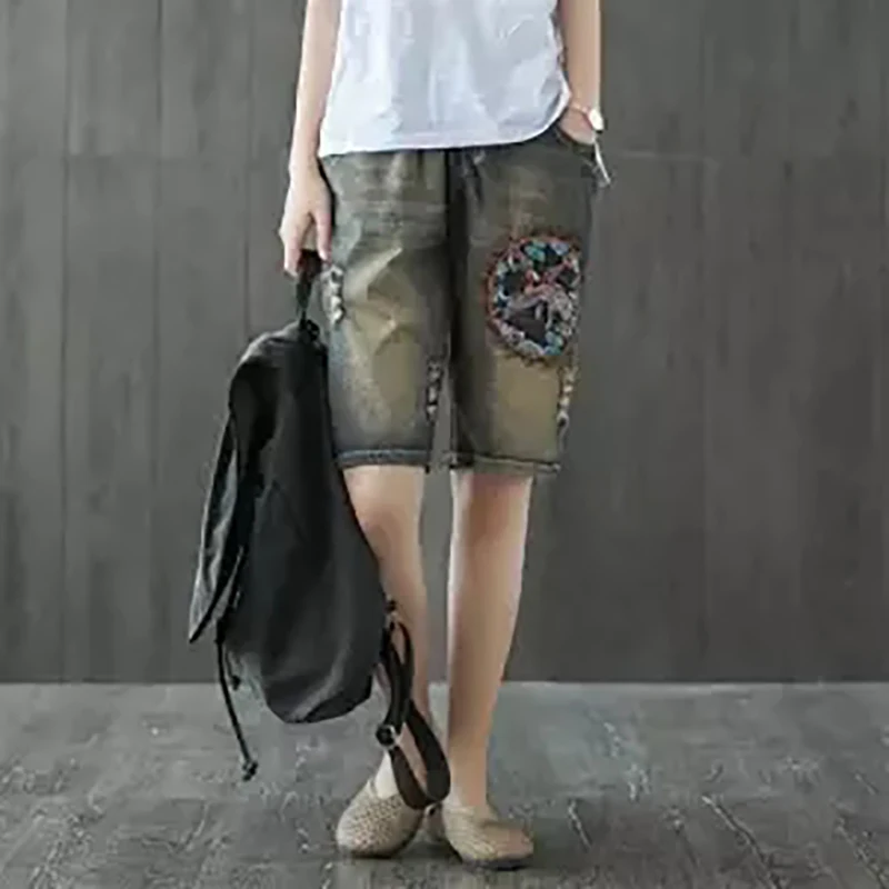 Женские джинсовые шорты с вышивкой лоскутные рваные джинсы студенческие пляжные