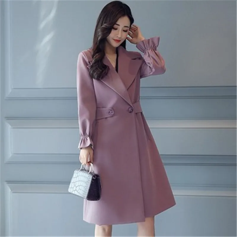 purple Новинка весна осень модный тонкий длинный Тренч Женское пальто с отложным воротником ветровка размера плюс Брендовая верхняя одежда пальто X421 - Цвет: purple