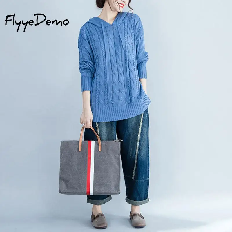 Женский свитер с капюшоном синий или хаки пуловер рукавом летучая мышь вязаный