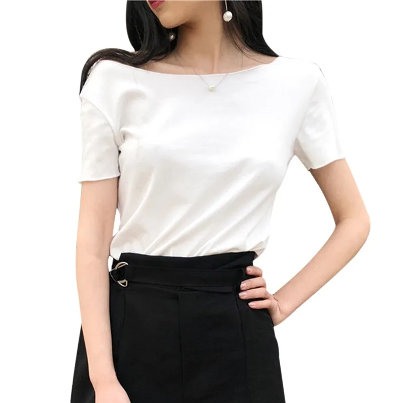 Women Slim T Shirt Sexy Back Lace Up Bow Slash Neck Short Sleeve T-shirt | Женская одежда