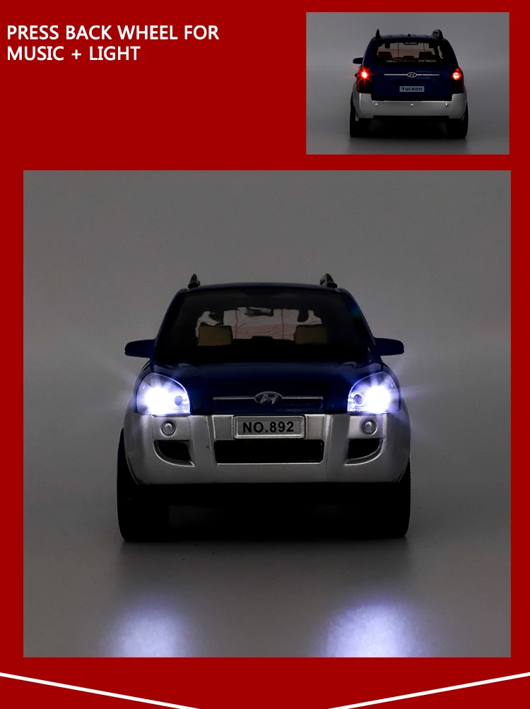 Литая под давлением модель автомобилей hyundai Tucson 1/24, металлические игрушки для детей, открываемая дверь/функция оттягивания