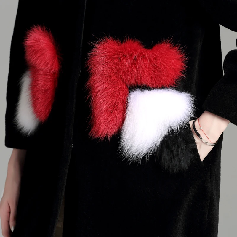 Женское зимнее пальто из натурального меха Черное длинное шерстяное с длинными