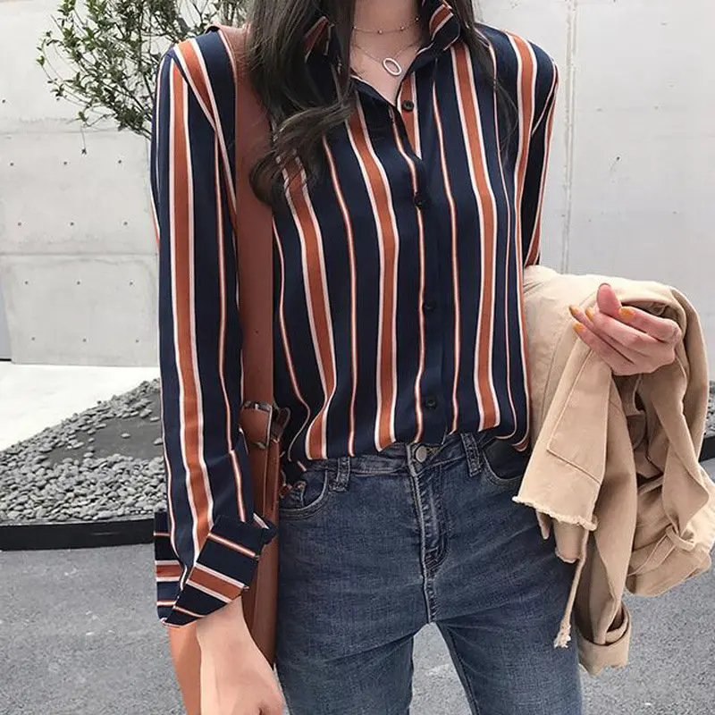 2019 Осенние блузки для женщин полосатая футболка из шифона Blusa Mujer Moda топы с