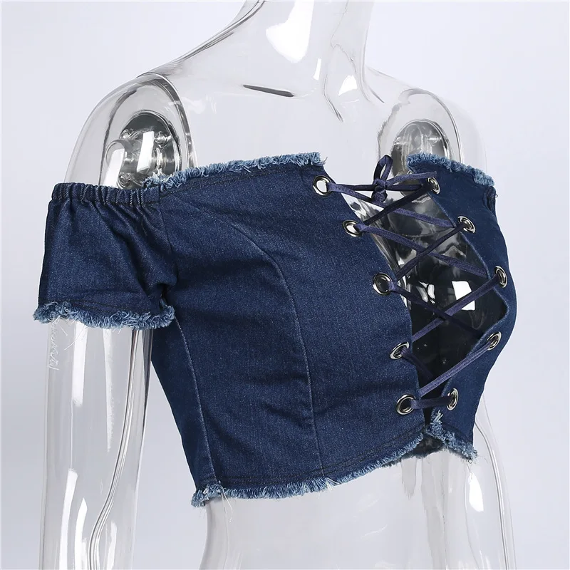 2017 Лето Женщины Slash Шеи Denim Топы Футболка С Коротким рукава Sexy Глубокий V-образным