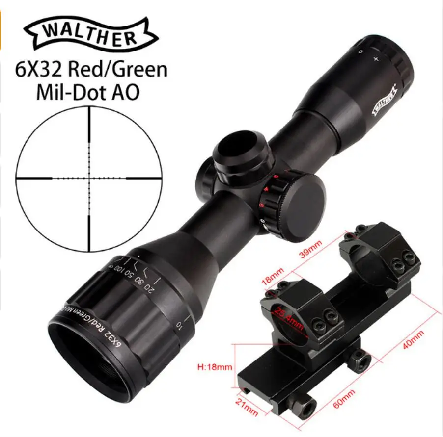 with picatinny ring5 WALTHER 6x32 AO мини Mil-Dot двойной цвет с подсветкой сетка охотничий прицел тактический оптический прицел - Цвет: with picatinny ring5