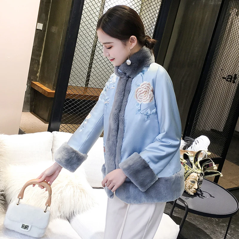Удобные женские улучшенные Hanfu Clthing зимние теплые толстые хлопковые мягкие спортивные костюмы для открытого воздуха вышивка цветок куртка повседневное пальто