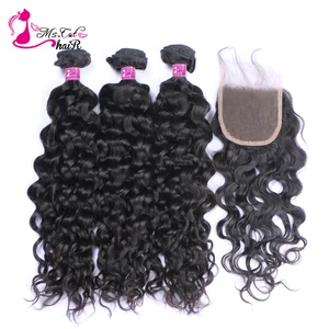 Ms Cat 3 пучка бразильских волос, волнистые человеческие волосы с 4x4 дюйма, закрытие шнурка, отбеленные узлы, Реми, 4 шт.лот